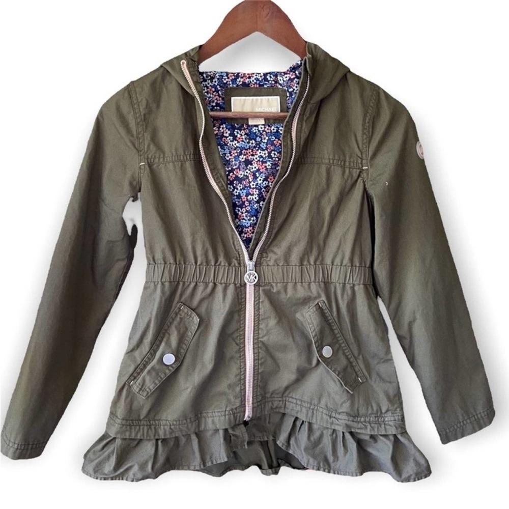 Michael Kors Olive Green Ruffle Jacket Floral Lining Size Girls 10/12